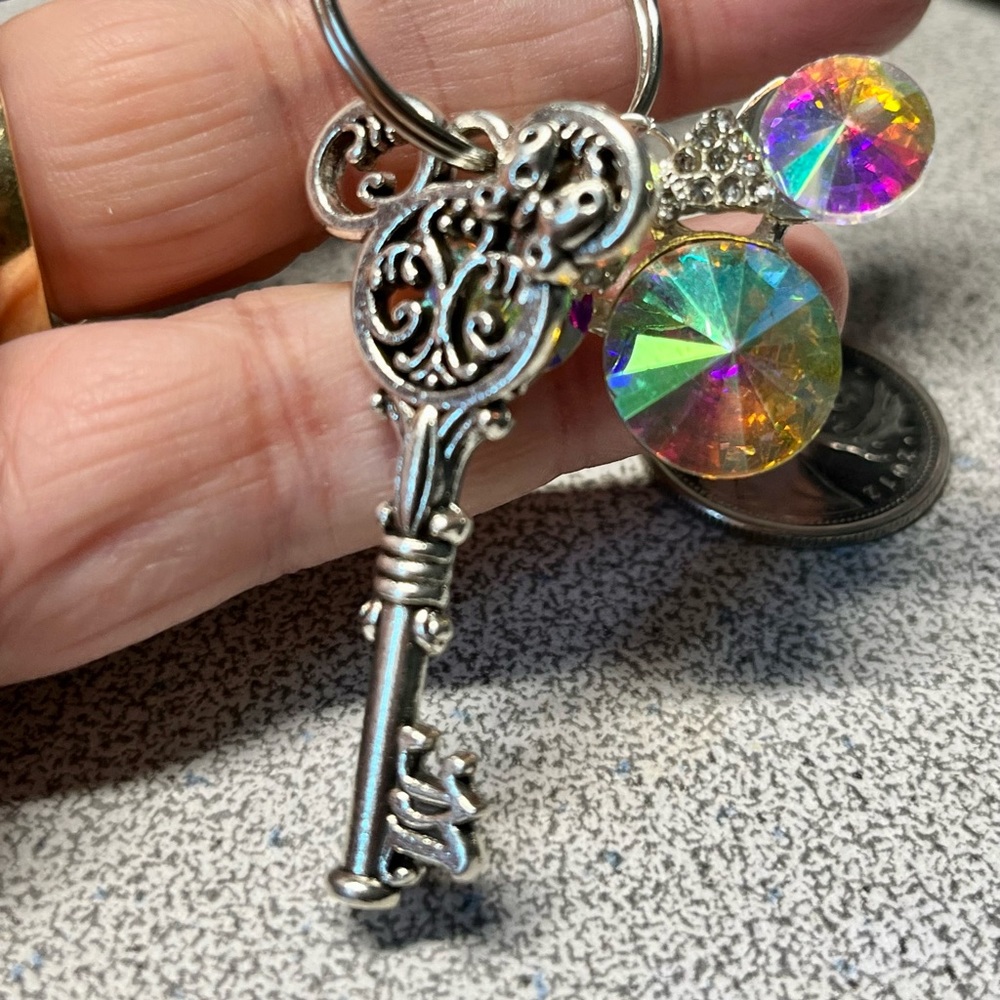 White leatherette key chain-purse bling mouse ears